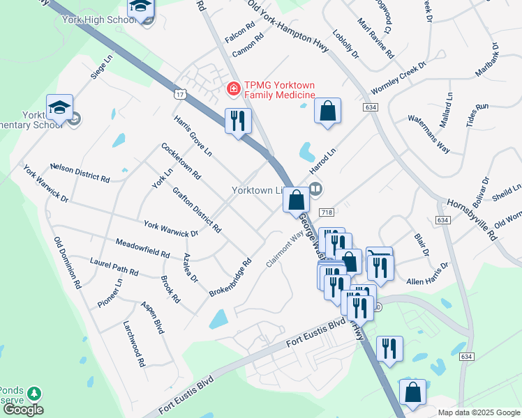 map of restaurants, bars, coffee shops, grocery stores, and more near 103 Harris Grove Lane in Yorktown