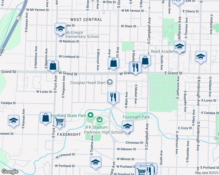 map of restaurants, bars, coffee shops, grocery stores, and more near 1042 South Douglas Avenue in Springfield