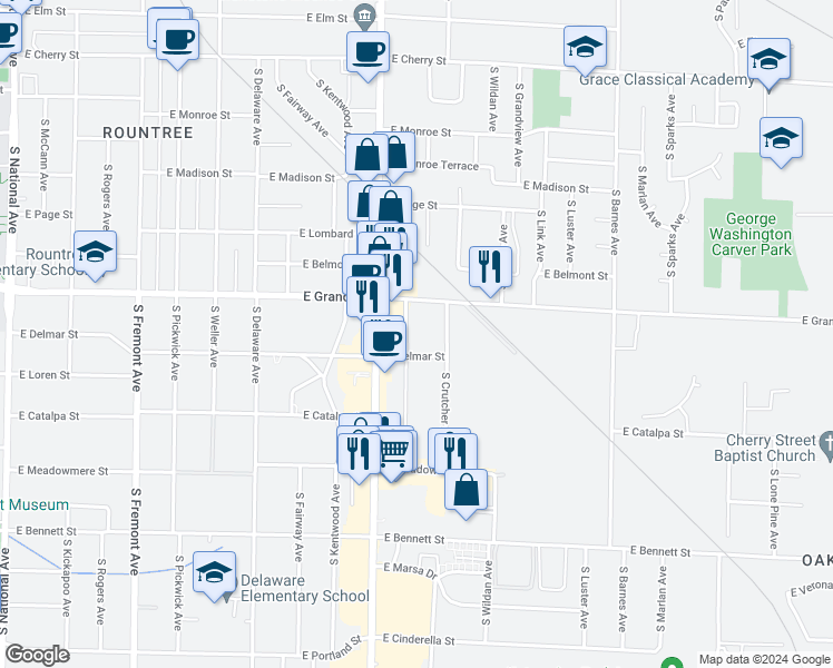 map of restaurants, bars, coffee shops, grocery stores, and more near 1034 South Stewart Avenue in Springfield