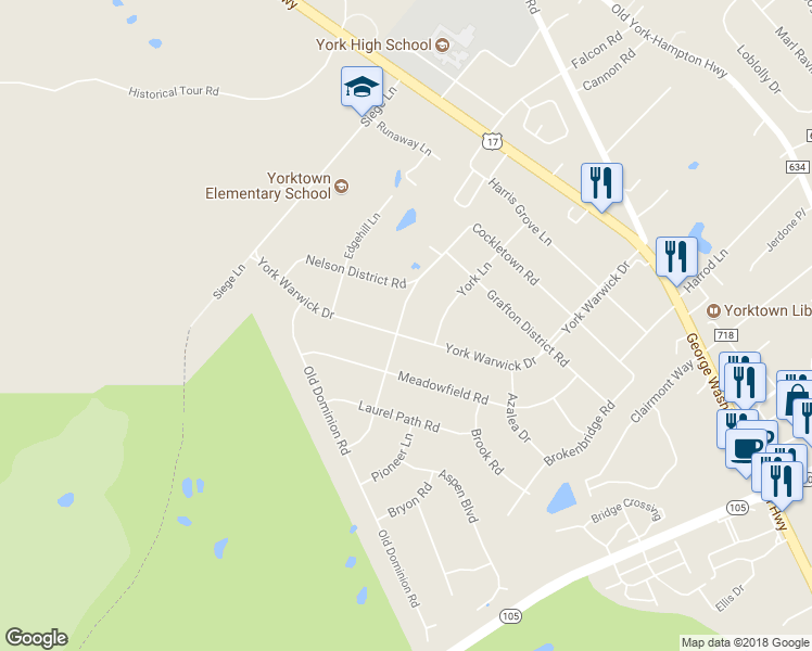 map of restaurants, bars, coffee shops, grocery stores, and more near 606 York Warwick Drive in Yorktown