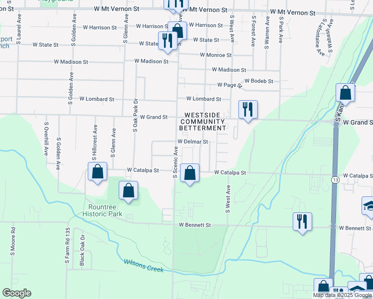 map of restaurants, bars, coffee shops, grocery stores, and more near 1110 South Scenic Avenue in Springfield