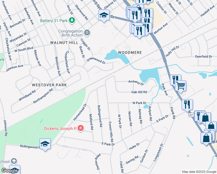 map of restaurants, bars, coffee shops, grocery stores, and more near 2707 Forest Hills Road in Petersburg