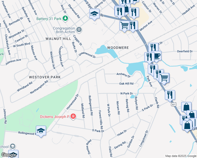 map of restaurants, bars, coffee shops, grocery stores, and more near 2707 Forest Hills Road in Petersburg