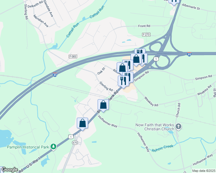 map of restaurants, bars, coffee shops, grocery stores, and more near 25202 Sterling Road in Petersburg