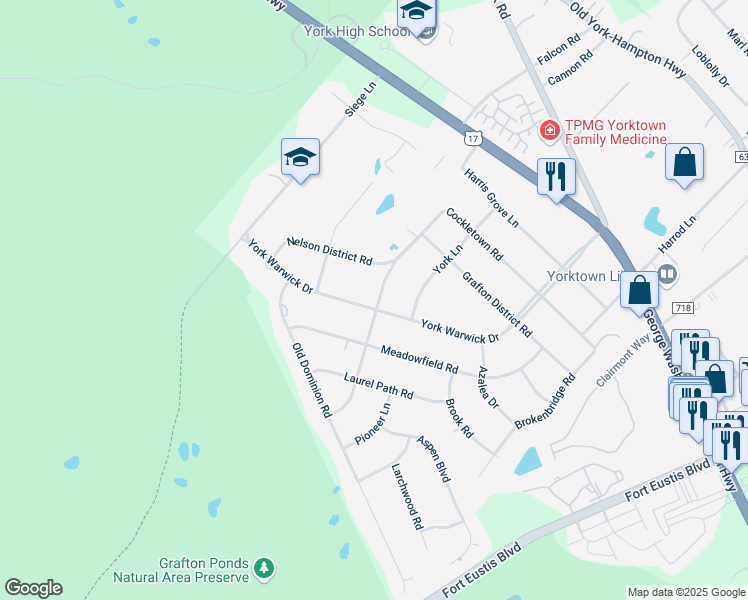 map of restaurants, bars, coffee shops, grocery stores, and more near 700 York Warwick Drive in Yorktown