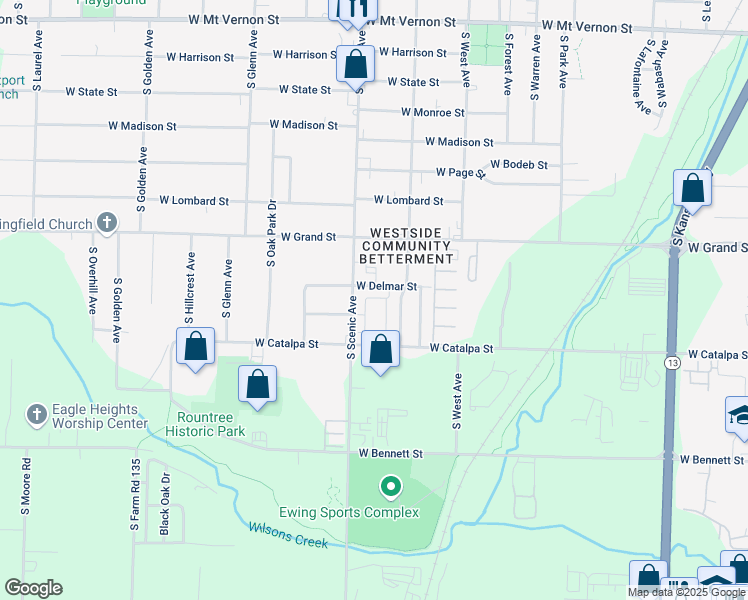 map of restaurants, bars, coffee shops, grocery stores, and more near 1110 South Scenic Avenue in Springfield