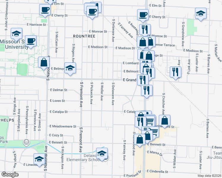 map of restaurants, bars, coffee shops, grocery stores, and more near 1037 South Delaware Avenue in Springfield