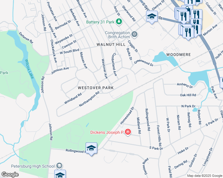 map of restaurants, bars, coffee shops, grocery stores, and more near 901 Hampton Road in Petersburg