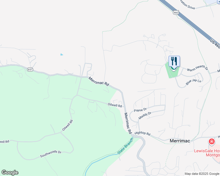 map of restaurants, bars, coffee shops, grocery stores, and more near 1091 Merrimac Road in Blacksburg