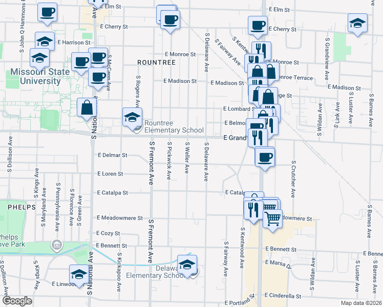 map of restaurants, bars, coffee shops, grocery stores, and more near 1031 South Weller Avenue in Springfield