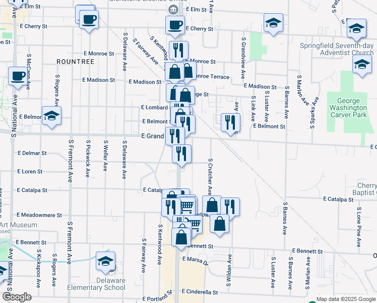 map of restaurants, bars, coffee shops, grocery stores, and more near 1024 South Stewart Avenue in Springfield