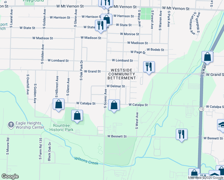map of restaurants, bars, coffee shops, grocery stores, and more near 1110 South Scenic Avenue in Springfield