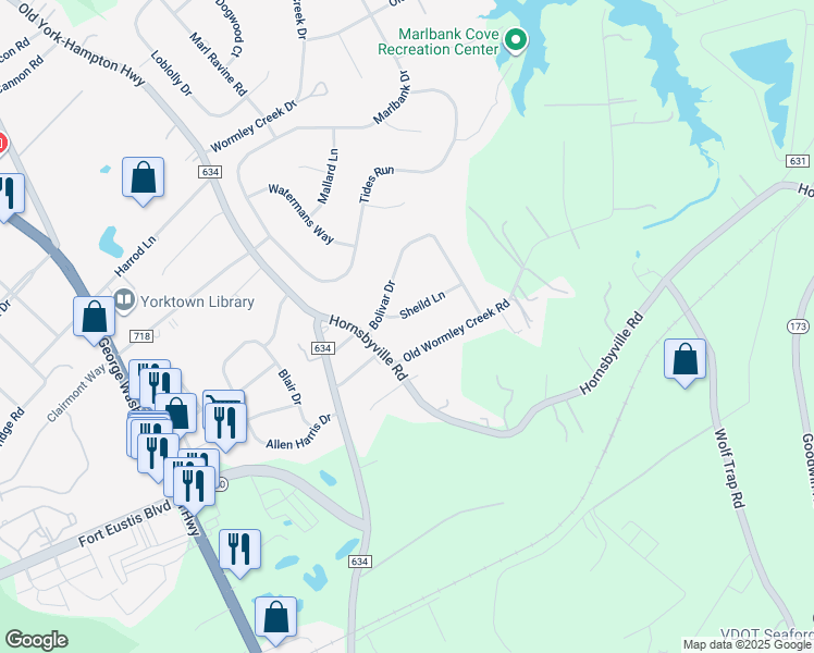 map of restaurants, bars, coffee shops, grocery stores, and more near 105 Sheild Lane in Yorktown
