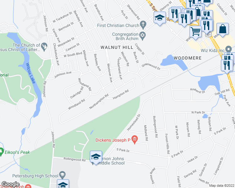 map of restaurants, bars, coffee shops, grocery stores, and more near 901 Hampton Road in Petersburg