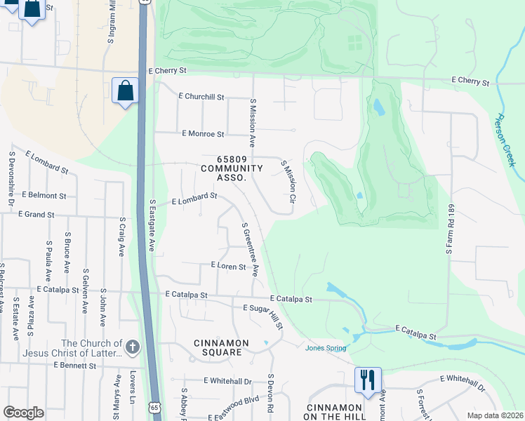 map of restaurants, bars, coffee shops, grocery stores, and more near 949 South Mission Avenue in Springfield