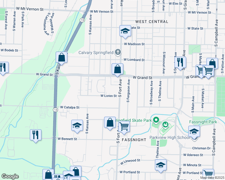 map of restaurants, bars, coffee shops, grocery stores, and more near 1039 South Fort Avenue in Springfield