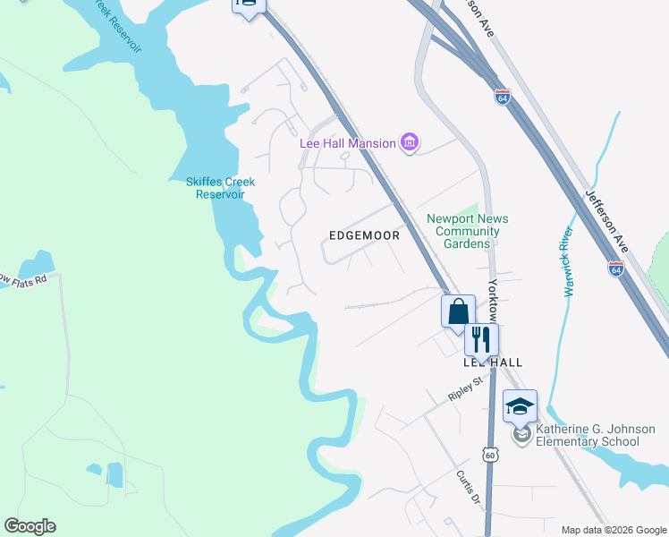 map of restaurants, bars, coffee shops, grocery stores, and more near 44 Edgemoor Drive in Newport News