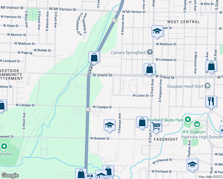 map of restaurants, bars, coffee shops, grocery stores, and more near 1052a South Lexington Avenue in Springfield