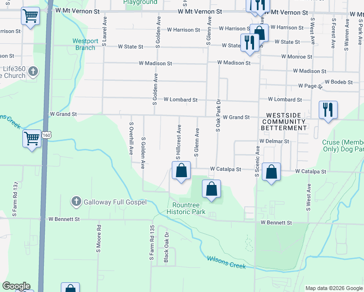 map of restaurants, bars, coffee shops, grocery stores, and more near 1114 South Hillcrest Avenue in Springfield