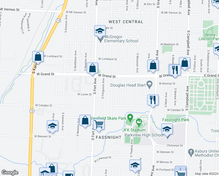 map of restaurants, bars, coffee shops, grocery stores, and more near 1051 South New Avenue in Springfield