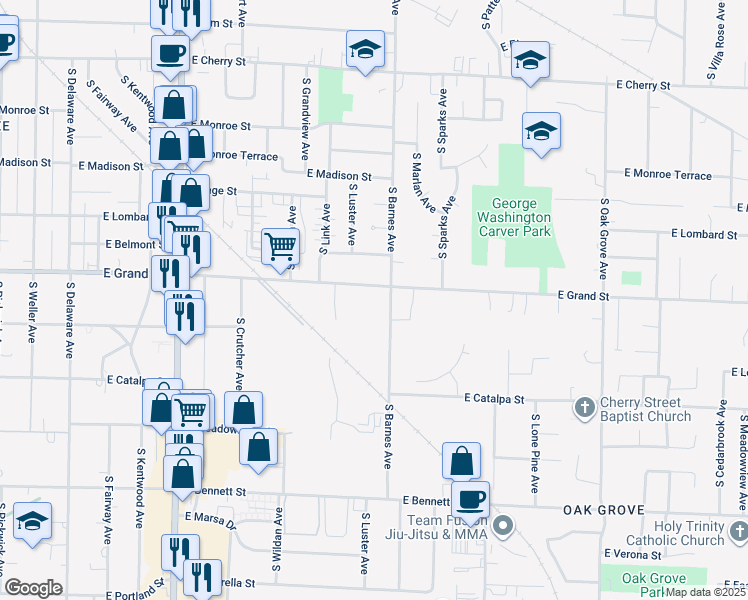 map of restaurants, bars, coffee shops, grocery stores, and more near 2131 East Grand Street in Springfield