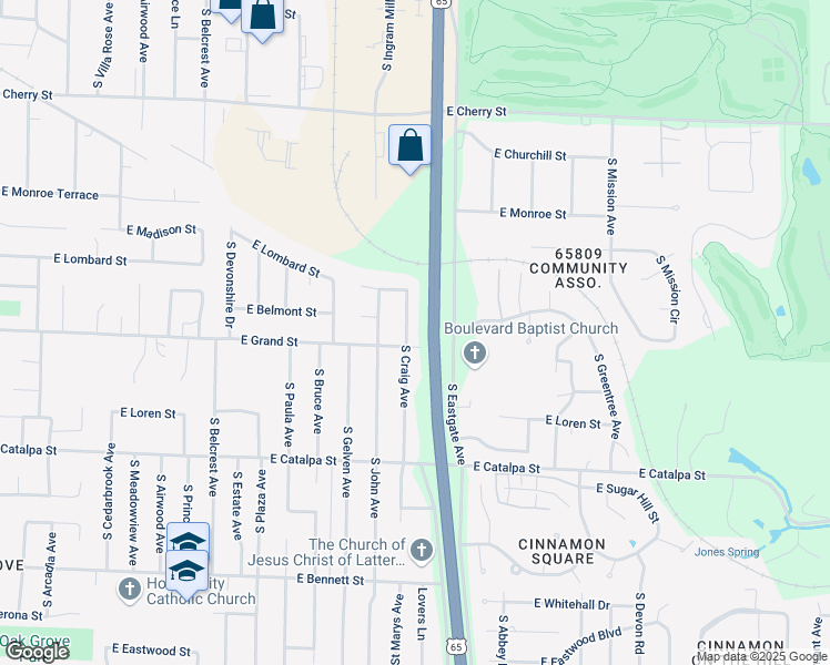 map of restaurants, bars, coffee shops, grocery stores, and more near 950 South Craig Avenue in Springfield