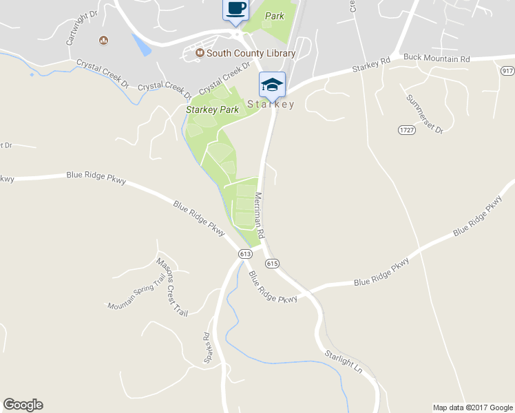 map of restaurants, bars, coffee shops, grocery stores, and more near 6752 Merriman Road in Roanoke