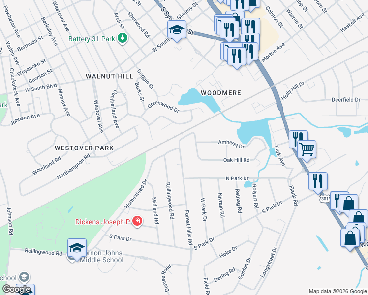 map of restaurants, bars, coffee shops, grocery stores, and more near 2708 Oak Hill Road in Petersburg
