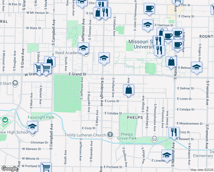 map of restaurants, bars, coffee shops, grocery stores, and more near 616 East Normal Street in Springfield