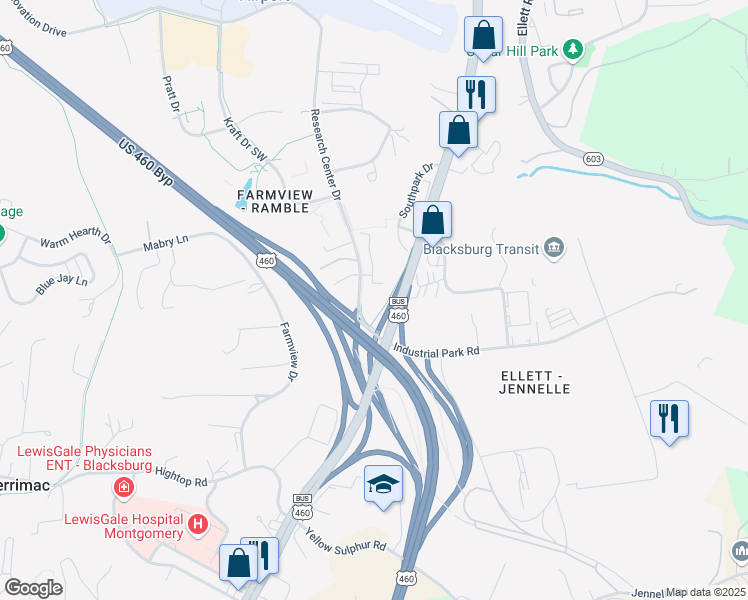 map of restaurants, bars, coffee shops, grocery stores, and more near 2605 Ramble Road in Blacksburg