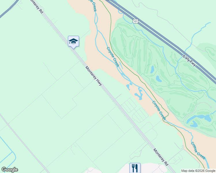 map of restaurants, bars, coffee shops, grocery stores, and more near 9670 Monterey Road in San Jose
