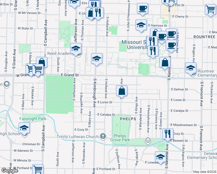 map of restaurants, bars, coffee shops, grocery stores, and more near 710 East Normal Street in Springfield