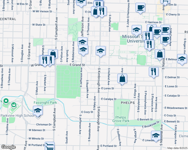 map of restaurants, bars, coffee shops, grocery stores, and more near 528 E Normal St in Springfield