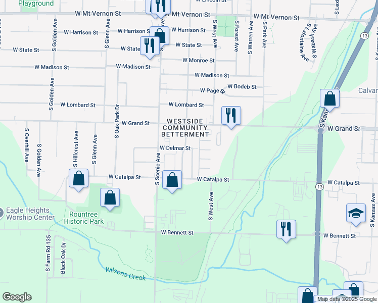 map of restaurants, bars, coffee shops, grocery stores, and more near 2550 West Delmar in Springfield