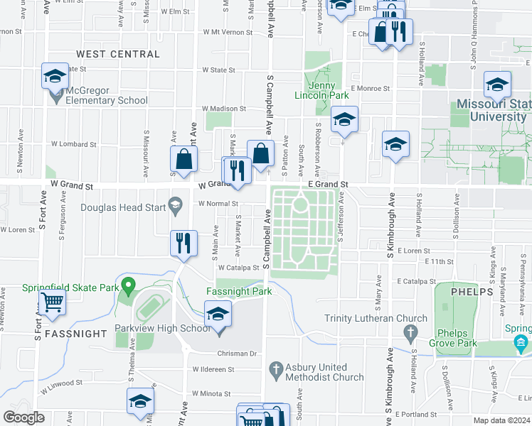 map of restaurants, bars, coffee shops, grocery stores, and more near in Springfield