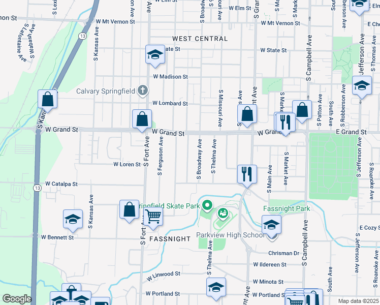 map of restaurants, bars, coffee shops, grocery stores, and more near 1040 South Weaver Avenue in Springfield