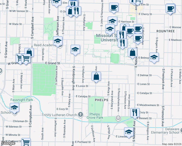 map of restaurants, bars, coffee shops, grocery stores, and more near 830 East Normal Street in Springfield