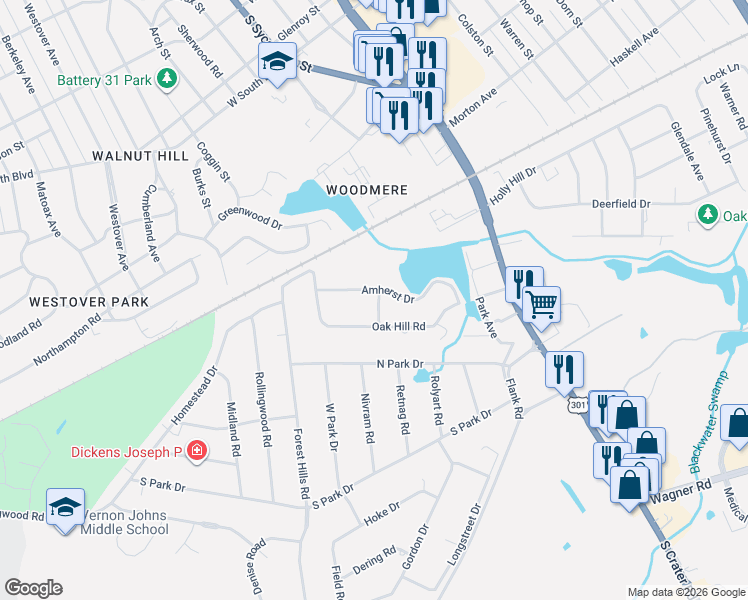map of restaurants, bars, coffee shops, grocery stores, and more near 502 Amherst Drive in Petersburg