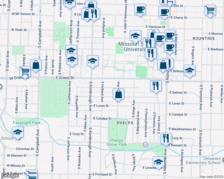 map of restaurants, bars, coffee shops, grocery stores, and more near 810 East Normal Street in Springfield