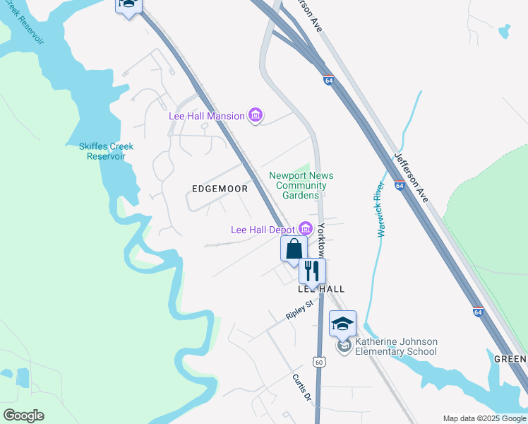 map of restaurants, bars, coffee shops, grocery stores, and more near 17455 Warwick Blvd in Newport News