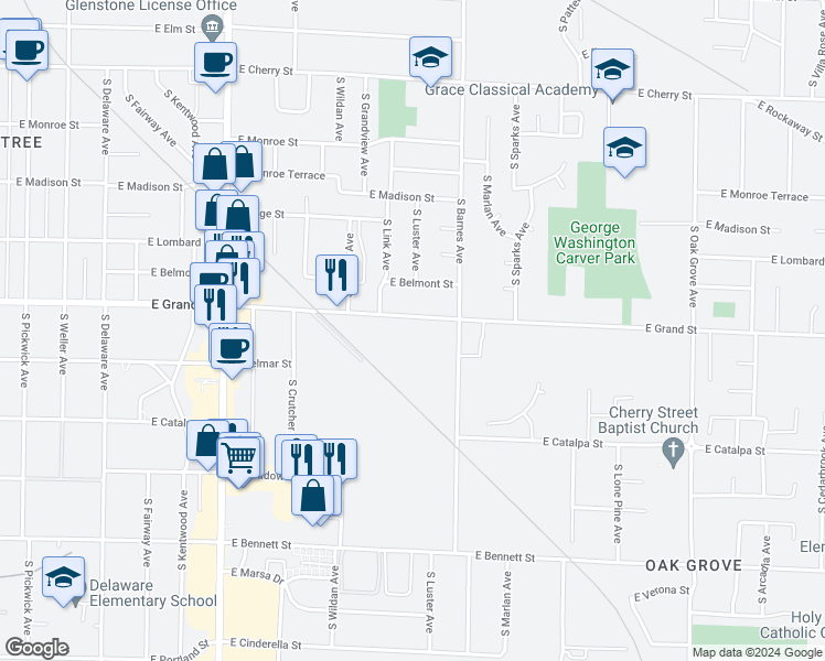 map of restaurants, bars, coffee shops, grocery stores, and more near 2112 East Grand Street in Springfield