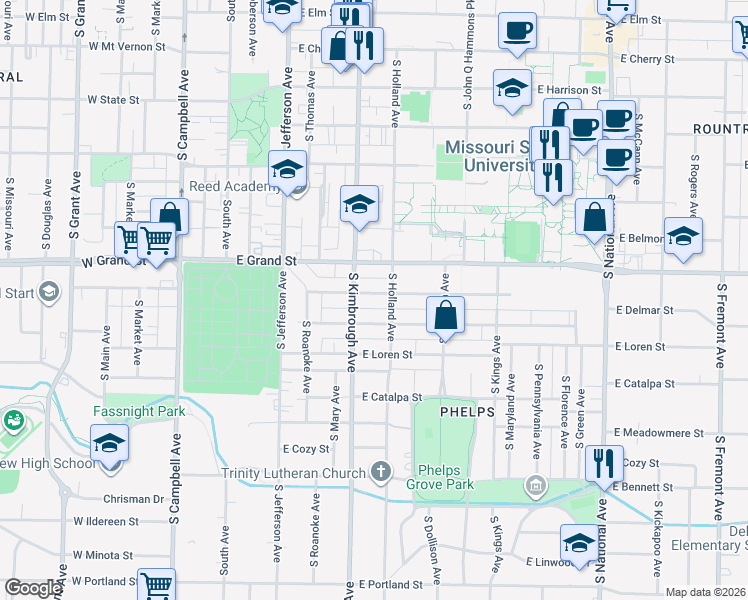 map of restaurants, bars, coffee shops, grocery stores, and more near 616 East Normal Street in Springfield