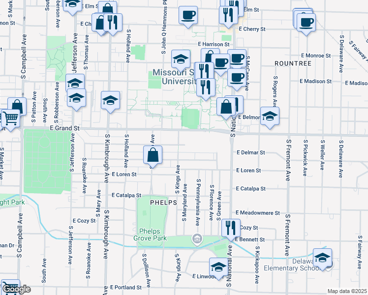 map of restaurants, bars, coffee shops, grocery stores, and more near 1010 East Normal Street in Springfield