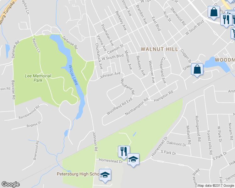 map of restaurants, bars, coffee shops, grocery stores, and more near 1135 Oakridge Road in Petersburg