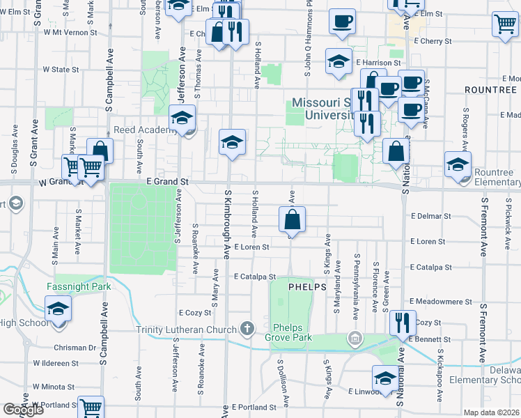 map of restaurants, bars, coffee shops, grocery stores, and more near 704 East Normal Street in Springfield