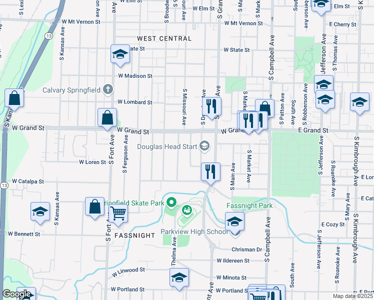 map of restaurants, bars, coffee shops, grocery stores, and more near 1039 South Missouri Avenue in Springfield