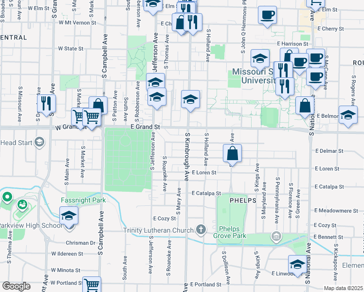 map of restaurants, bars, coffee shops, grocery stores, and more near 528 East Normal Street in Springfield