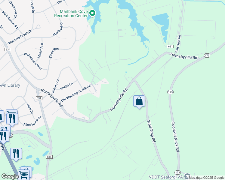 map of restaurants, bars, coffee shops, grocery stores, and more near 909 Hornsbyville Road in Yorktown