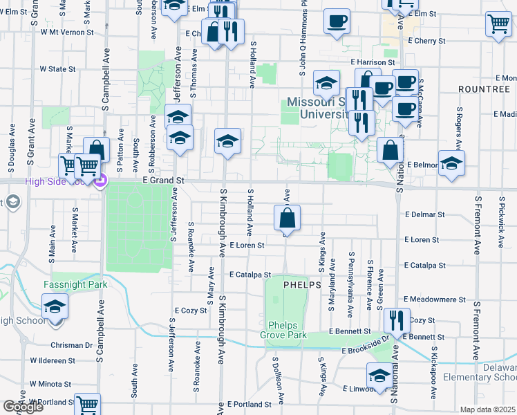 map of restaurants, bars, coffee shops, grocery stores, and more near 710 East Normal Street in Springfield