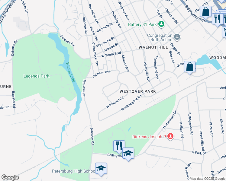map of restaurants, bars, coffee shops, grocery stores, and more near 1135 Oakridge Road in Petersburg